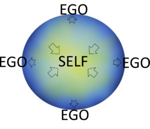 The Self is the central core. Ego falls outside of the One Self to look outward rather than upward.