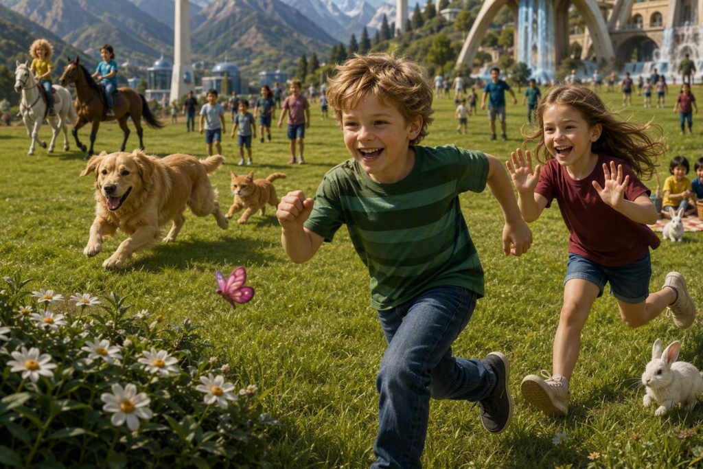 A depiction of paradise--the 3rd economy. happy people, happy animals, beautiful scenery and buildings